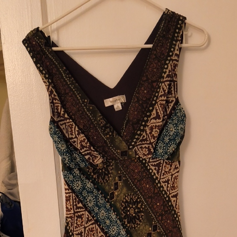 Dressbarn Brown and Green Asymmetrical Sheath Dress V-Neck Sleeveless